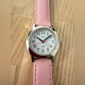 Dainty Timex ladies silver tone pink strap watch NEW BATTERY